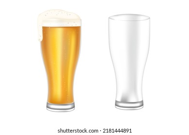 Two beer glass empty and filled with beer transparent glassware vector illustration isolated on white background