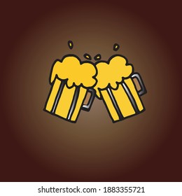two beer glass with foam on brown background. hand drawn vector. symbol for drink together, cheers. doodle for wallpaper, cover, banner, poster, advertising, logo, sticker, clipart. 