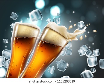 Two beer glasses  with bubbles and a foamy splash. Very realistic illustration with the effect of transparency.