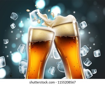 Two beer glasses  with bubbles and a foamy splash. Very realistic illustration with the effect of transparency.