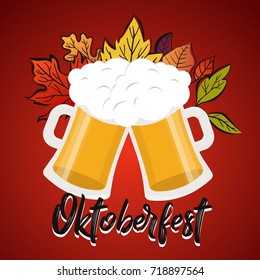 Two beer glasses cheering decorated with autumn leaves poster. Oktoberfest concept. Vector illustration