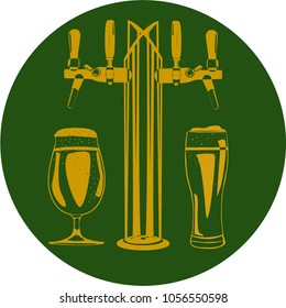 Two beer glasses in a circle and a beer faucet on a green background