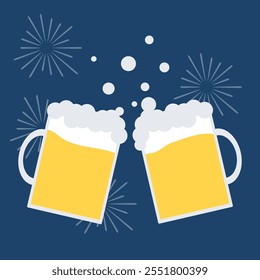 Dois copos de cerveja, dois copos de cerveja batem. Vamos beber. Vetor, ilustração de designer. Vetor.