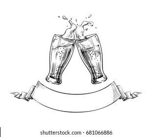 Two Beer Glasses clink at a Toast with a Splash of beer foam, Ribbon for text below. Hand drawn illustration for design menu restaurants, pubs, brewery, Festival posters, Oktoberfest, banners. Vector