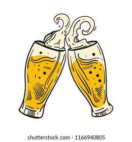 Two beer glasses colorful vector art illustration in sketch cartoon style isolated on white background