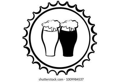 Two beer glasses with dark and light beer on the background of a beer cork. Black and white drawing. in the Vector illustration. Logo for a bar, beer bottle.