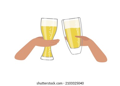 Two beer glasses. Friendly toast, holiday, party. Two human hands toasting with beer glasses. For bar or restaurant menu, advertising poster, Oktober Beer Festival. Flat cartoon vector illustration.