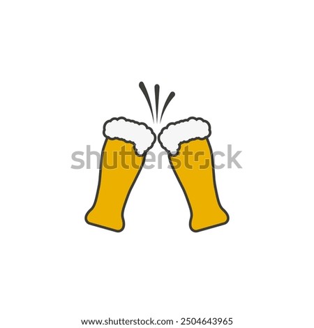 Two beer glasses icon with yellow light beer. Clink, cheers and toasting. Colored vector illustration on white background.	