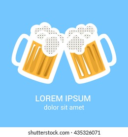 Two beer glasses mug for web, poster, invitation to beer party. Isolated on blue background. Vector illustration.