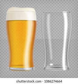 Two beer glasses, one empty and one full. Lager beer. Transparent realistic elements.Ready to apply to your design. Vector illustration.