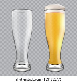 Two beer glasses. One empty mug and one full mug. Glass full with blond beer and foam. Transparent realistic elements. 3d realistic glass goblet with ale on a transparent background