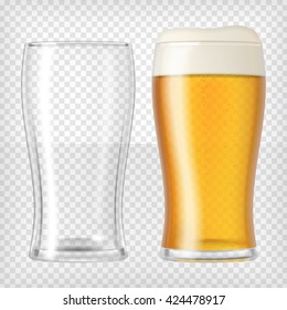 Two beer glasses. One empty mug and one full mug. Glass full with blond beer and foam. Transparent realistic elements. Ready to apply to your design. Vector illustration.