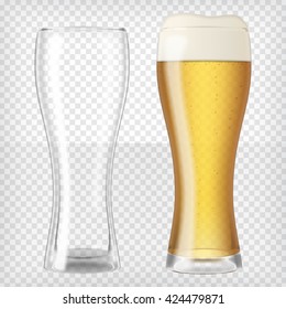 Two beer glasses, one empty and one full. Lager beer with foam. Transparent realistic graphic design elements. Ready to apply to your design. Vector illustration.