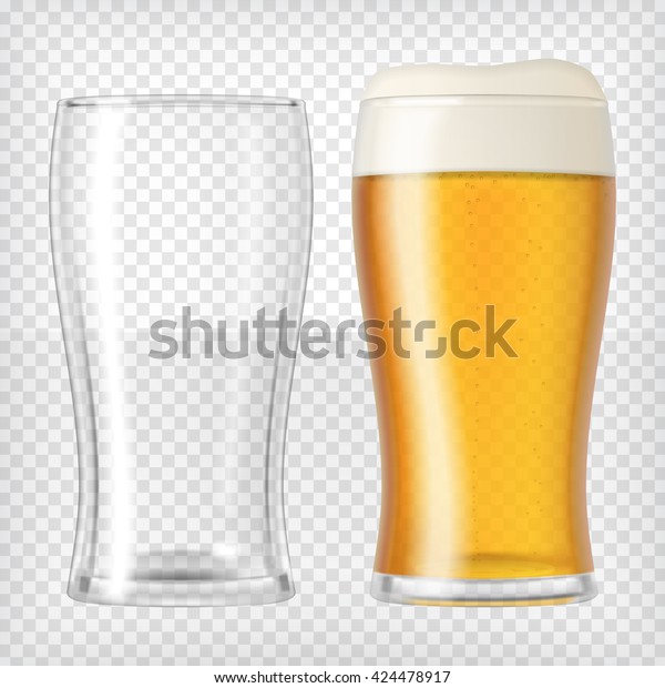 ビールグラス2枚 空のマグカップ1つとフルマグカップ1つ 金色のビールと泡が詰まったグラス 透明なリアルなエレメント デザインに適用する準備が整いました ベクターイラスト のベクター画像素材 ロイヤリティフリー