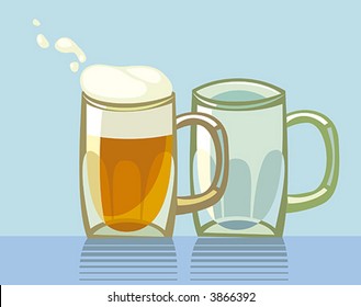 Two beer glasses. One glass is full of frothed up beer.