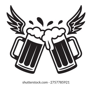Two beer glasses with wings and foam cheering together in a celebratory toast