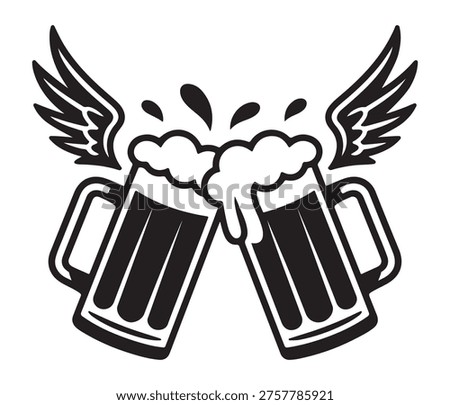 Two beer glasses with wings and foam cheering together in a celebratory toast