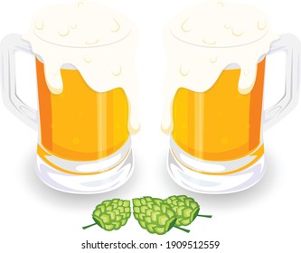 Two beer mug glass vector art and illustration
