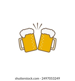 Two beer mug icon with yellow light beer. Clink, cheers and toasting. Colored vector illustration on white background.	