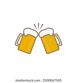 Two beer mug icon with yellow light beer. Clink, cheers and toasting. Colored vector illustration on white background.	