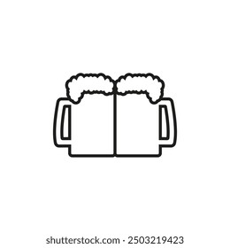 Two beer mug together. Outline vector icon on white background.