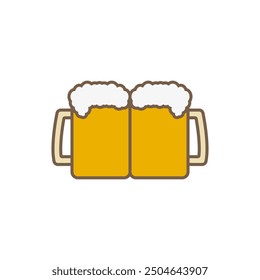 Two beer mug with yellow light beer together. Colored vector icon on white background.