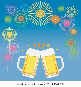 Two beer mugs with background of the fireworks display.