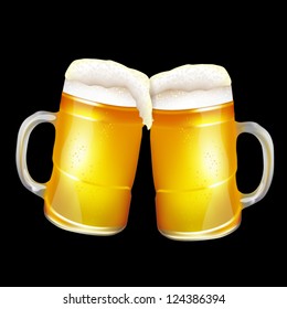 Two beer mugs in black background