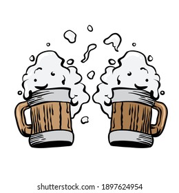 Two Beer Mugs Cartoon Illustration Doodle Isolated On White 