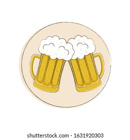 Two beer mugs clink glasses. Craft vintage design. Vector illustration.