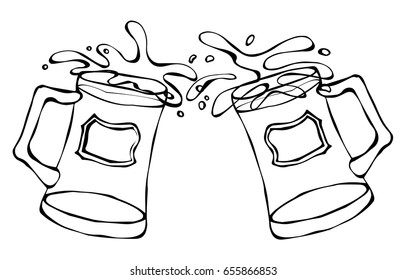 Two Beer Mugs. Clink with Splash. Realistic Hand Drawn Sketch Vector Illustration.Isolated On a White Background. Savoyar Doodle Style.