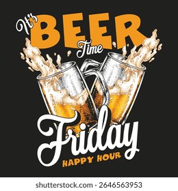 Two beer mugs clink together overflowing with golden liquid as happy hour begins. The atmosphere is vibrant perfect for enjoying a well-deserved drink at the end of the week.