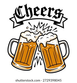 Duas canecas de cerveja clinking, espuma festiva, celebração, faixa de fita, lettering gótico, vibração da festa