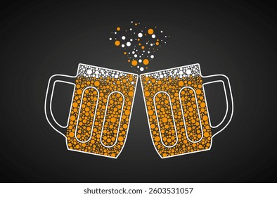 Two beer mugs clinking in toast, surrounded by bubbles, representing joy, friendship and celebration in fun, abstract manner. Vector illustration.