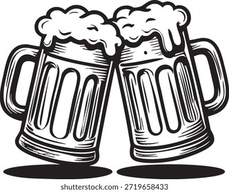 Two beer mugs clinking together with foamy tops in a toast