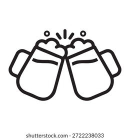 Two beer mugs clinking together in a toast icon. Minimalist line art vector illustration.