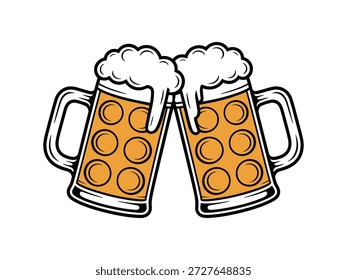 Two beer mugs clinking together with foamy beer inside icon