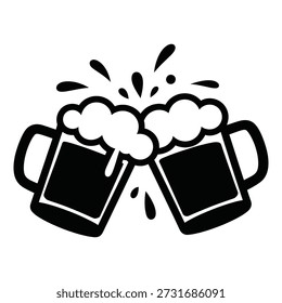 Dos tazas de cerveza que tintinean junto con el icono del símbolo de la celebración de la espuma y de las salpicaduras