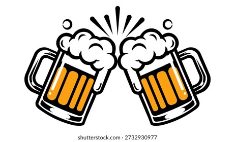 Duas canecas de cerveja clinking junto com espuma e celebração