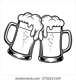 Two beer mugs clinking together with foamy beer