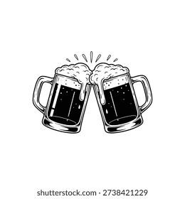 Two beer mugs clinking together with frothy beer tops