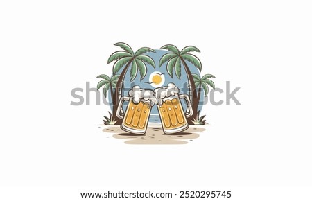 two beer mugs clinking together on a tropical beach.