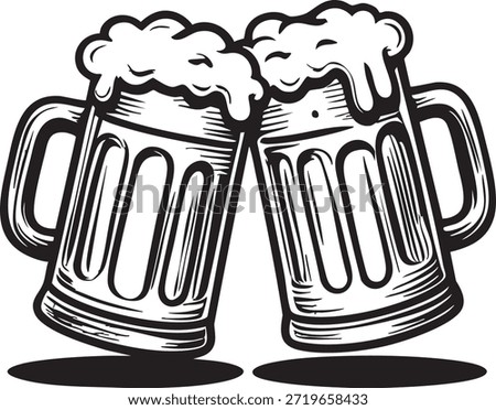 Two beer mugs clinking together with foamy tops in a toast