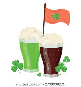 Duas canecas de cerveja com bandeira de trevo, ilustração St Patrick. Cerveja Verde e Bandeira Shamrock, Clipart Pub Festivo. Canecas de cerveja de São Patrício, festa e arte da celebração