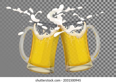 Two beer mugs collided. Glasses with foam splashes on a transparent background. Vector illustration for the brewery menu, Oktoberfest, invitations to parties.