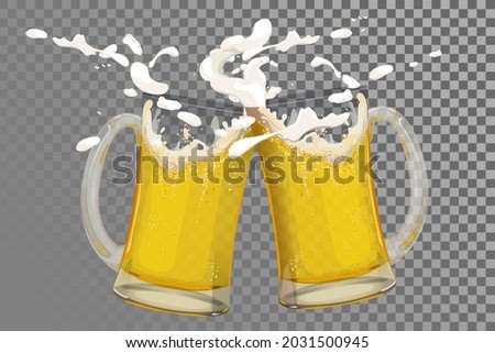 Two beer mugs collided. Glasses with foam splashes on a transparent background. Vector illustration for the brewery menu, Oktoberfest, invitations to parties.