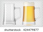 Two beer mugs. An empty glass and a full glass. Mug full with blond beer with foam. Transparent realistic elements. Ready to apply to your design. Vector illustration.