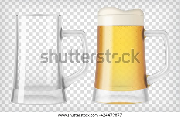 ビールマグカップ2個 空のグラスと一杯のグラス 泡の付いた金髪のビールでいっぱいのマグカップ 透明なリアル なエレメント デザインに適用する準備が整いました ベクターイラスト のベクター画像素材 ロイヤリティフリー
