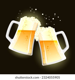 Two beer mugs filled with foamy light beer with bubbles isolated on a dark background