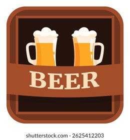 Two beer mugs with foam on wooden signboard with ribbon for pub and bar decoration
